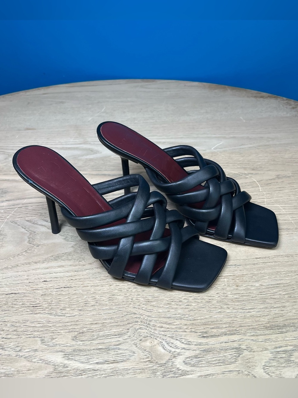 Staud Deepwater Woven Strappy Heeled Sandals Black Leather Size 36.5 Women’s 6.5